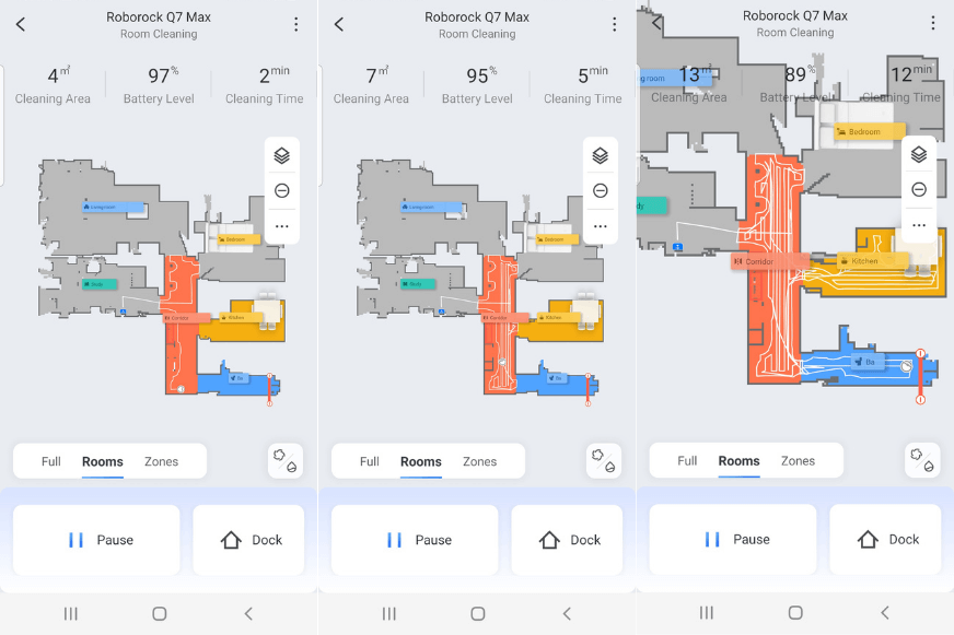 The cleaning journey of the Roborock Q7 Max+ can be followed live in the app.
